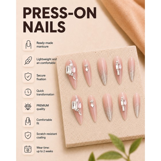 Nude‑Pink Almond Press‑On Nails, Luxury False Nails With Large Pink‑White Rhinestones & Silver Glitter For Party